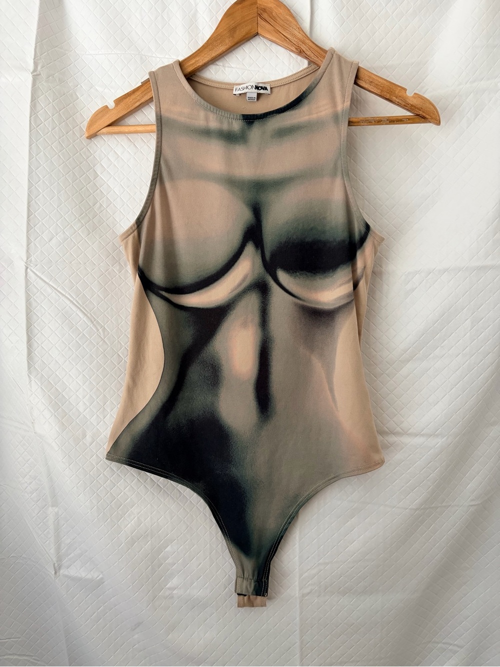 Fashion Nova Beige & Black Sculptural Tank Bodysuit